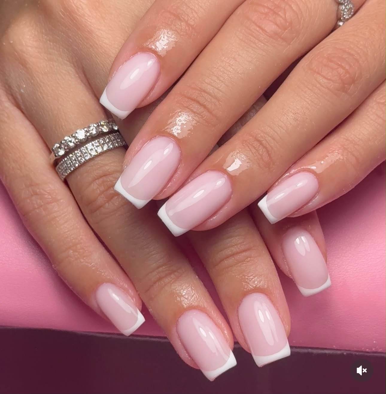 Pink square nails with clean white French tips